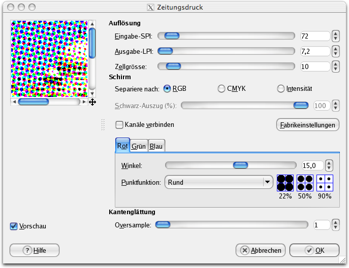 Eigenschaften für das Filter Zeitungsdruck